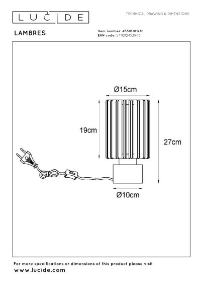 Lucide LAMBRES - Table lamp - Ø 15 cm - 1xE27 - Black